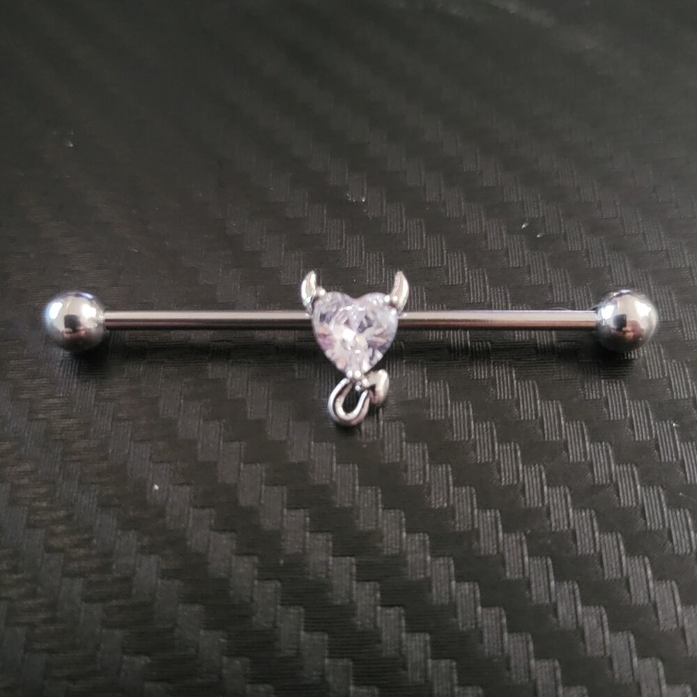14 Gauge Industrial Ear Piercing With Crystal Heart & Devil Horns & Tail Charm
